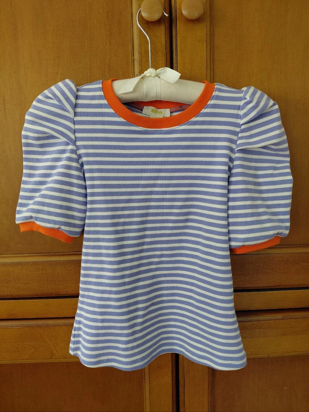 Anthropologie Maeve Puff Sleeve Striped Top Blue White Orange Size XS Boho